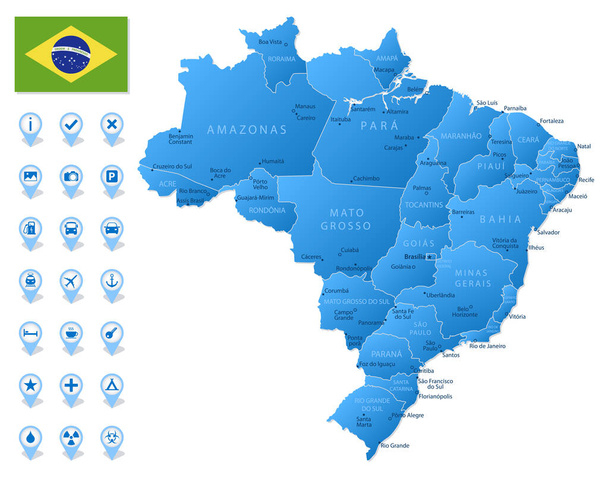 Μπλε χάρτης της Βραζιλίας διοικητικές διαιρέσεις με ταξιδιωτικές infographic εικόνες. Εικονογράφηση διανύσματος - Διάνυσμα, εικόνα