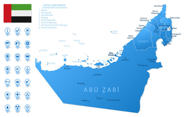 Голубая карта административного деления Объединенных Арабских Эмиратов с туристической инфографикой. Векторная иллюстрация - Вектор,изображение