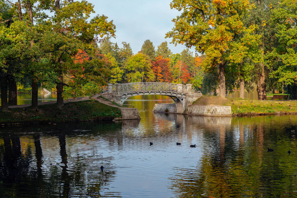 Vue du pont ajouré en fonte sur le canal du labyrinthe aquatique près du lac Blanc dans le palais et le parc de Gatchina par une matinée ensoleillée d'automne, Gatchina, Saint-Pétersbourg, Russie - Photo, image