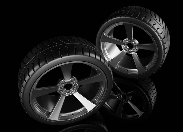 Sportovní pneumatika s ráfky kolo na černé scéně 3D vykreslování průmyslu tapety pozadí - Fotografie, Obrázek