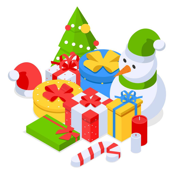 Kerstversiering set. Geschenkdozen, suikerriet, sneeuwpop, kaarsen, enz. Isometrische illustratie op witte achtergrond - Vector, afbeelding