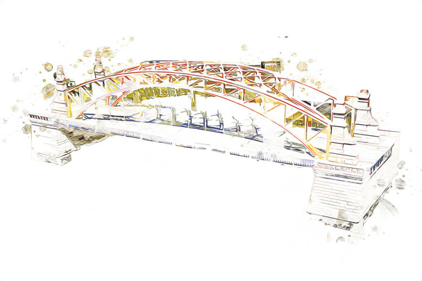 Wrocaw, most zwierzyniecki, rzeka Wrocaw, Polska, ilustracja sztuki retro antyczny skecz - Zdjęcie, obraz