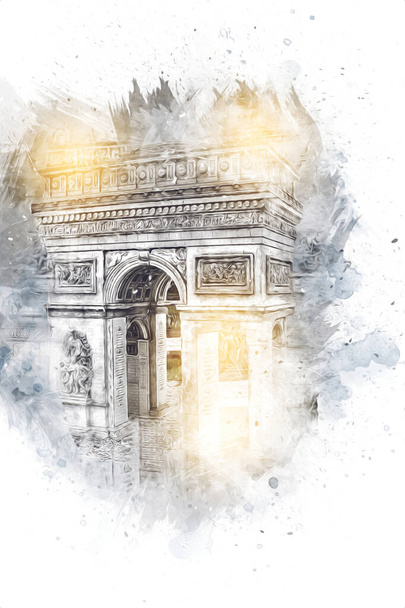 O Arco do Triunfo do Carrossel é um arco triunfal em Paris, localizado na Place du Carrousel. A paisagem urbana de Paris. Arquitetura e marcos de Paris, arte, ilustração, retro, vintage, antiguidade, esboço. - Foto, Imagem