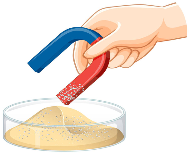 Separating mixtures by using magnet illustration - Vector, Image