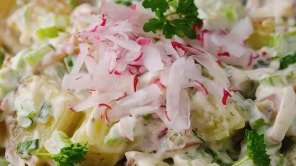 Kartoffelsalat mit Sellerie, grünen Zwiebeln, Rettich, Dill und Eiern. Rotierendes Video - Filmmaterial, Video