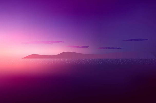 Prachtige zonsondergang boven de oceaan met verre bergen en wolken. - Vector, afbeelding