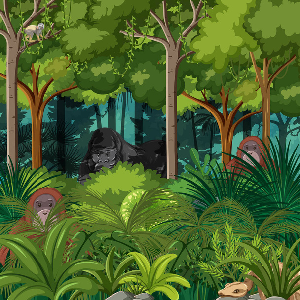 Wild animals in forest landscape background illustration - Vector, Image
