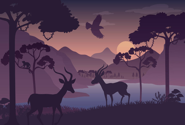 Silhouet schemering bos landschap achtergrond illustratie - Vector, afbeelding