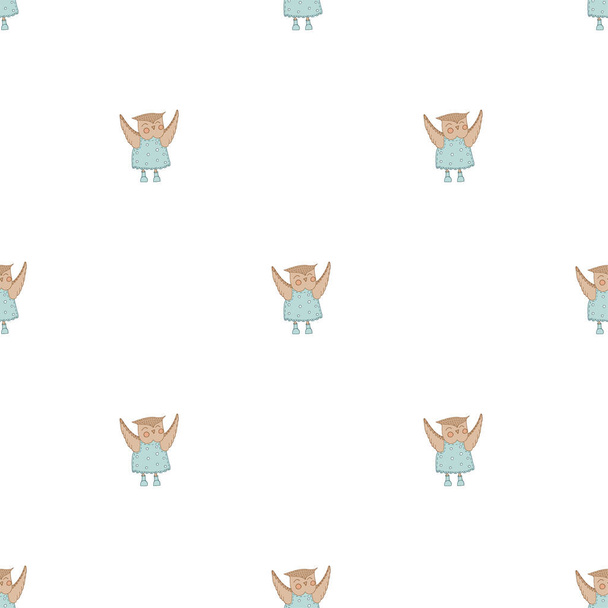 Hand drawn cute animals. Seamless pattern. An owl in a blue dress with polka dots and boots. White background. Vector. - Vetor, Imagem
