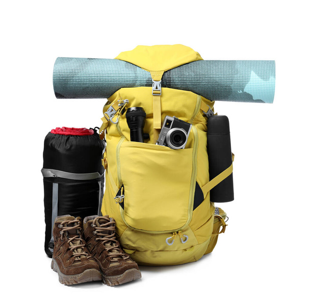 Set of camping equipment for tourist on white background - Foto, Imagen
