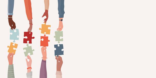 Banner. Teamwork and cooperation between colleagues. Problem solving metaphor. Diverse people s arms and hands holding one jigsaw puzzle piece joining the other piece.Sharing. Community - Vector, Image