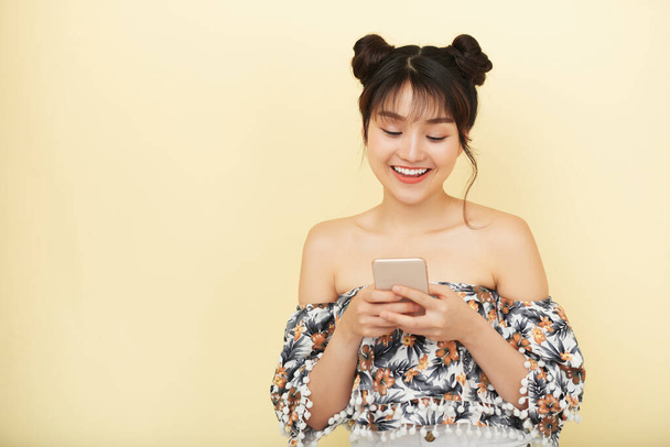 Positive Woman Answering Text Messages - Photo, Image