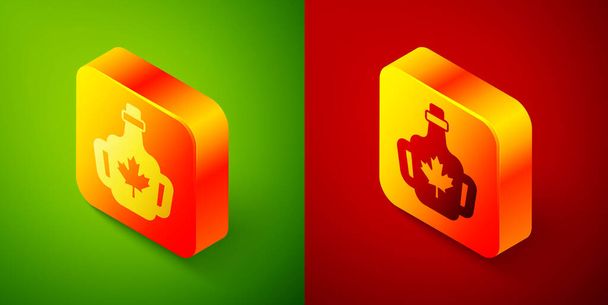 Isometric Bottle of maple syrup icon isolated on green and red background. Square button. Vector - Vector, Image