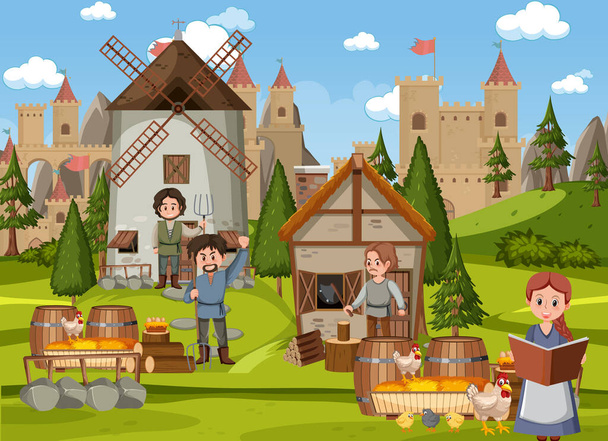 Escena medieval de pueblo con ilustración de aldeanos - Vector, Imagen
