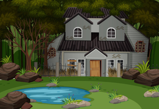 Σκηνή με εγκαταλελειμμένο σπίτι στο σκοτεινό δάσος εικονογράφηση - Διάνυσμα, εικόνα