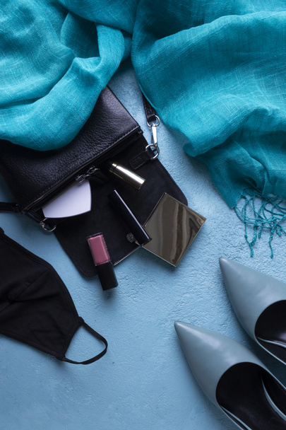 set of fashion accessories on blue background - Фото, зображення
