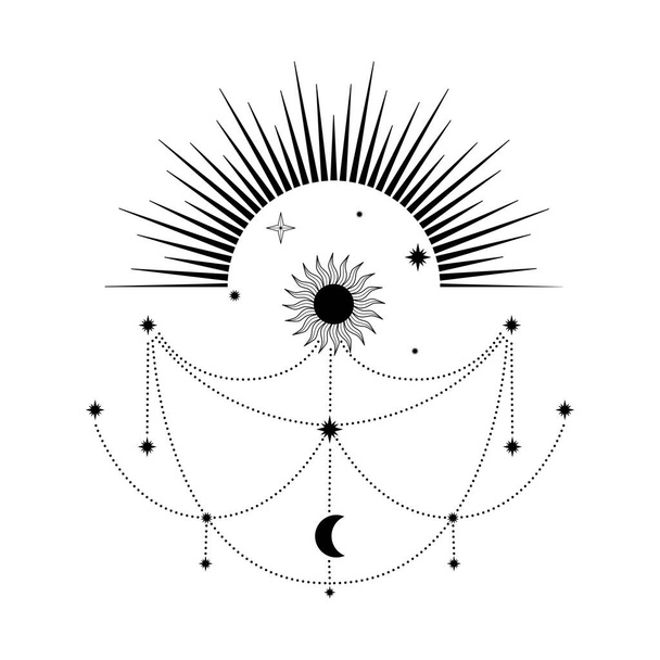 Рук малював містичне Сонце і Місяць з зірками в лінійному мистецтві. Духовний символ небесного простору. Магічний талісман, античний стиль, бохо, татуювання, логотип. Візуальне зображення на білому тлі - Вектор, зображення