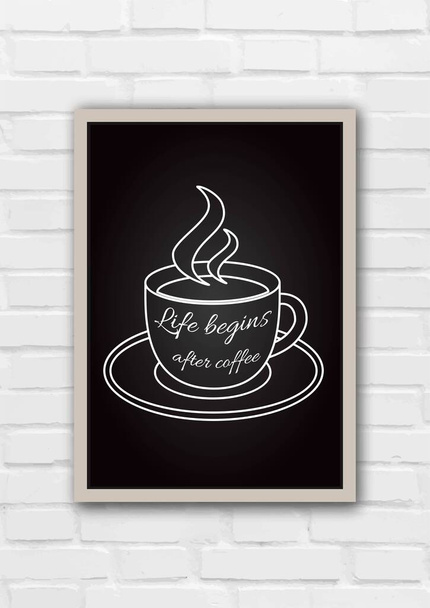 Vertical poster with a cup of coffee and  lettering Life begins after coffee. Vector illustration. - Vector, Image