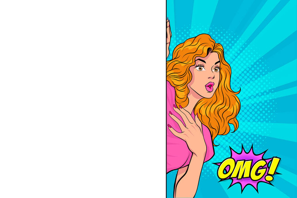 Überraschung Frau blickt hinter eine weiße Tafel sagen OMG Pop Art Comic-Stil - Vektor, Bild