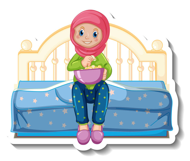 Шаблон наклейки з мусульманською дівчиною, що сидить на ілюстрації ліжка
 - Вектор, зображення