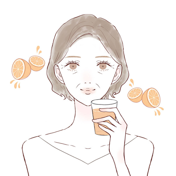 Kobieta w średnim wieku pijąca sok pomarańczowy. Na białym tle - Wektor, obraz