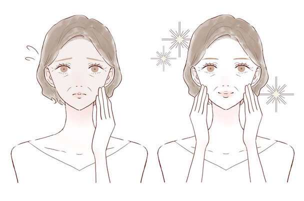 Kobieta w średnim wieku cierpiąca na tępą skórę. Przed i po. Na białym tle. - Wektor, obraz