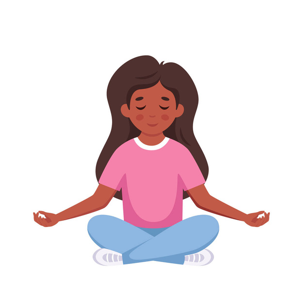 Дівчина медитує в позі лотоса. Гімнастика, медитація для дітей. Векторні ілюстрації
 - Вектор, зображення