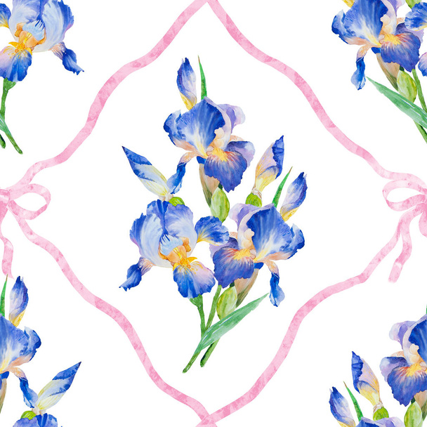Watercolor hand paint iris flower, seamless pattern. Beautiful iris flowers and leaves on white background. - Фото, изображение