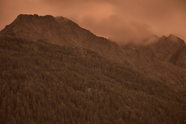 Hochflachkofel, 3097 m wysokości, z rozległymi lasami u stóp, w górnej dolinie Anterselvy. Zdjęcie w podczerwieni - Zdjęcie, obraz