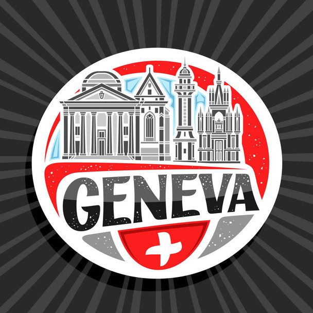 Vektor logó Genf, fehér dekoratív címke vonal illusztrálja a történelmi geneva város táj a nap ég háttér, művészet design hűtőmágnes egyedi ecset betű fekete szó geneva. - Vektor, kép