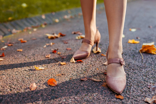 Close up of female shoes. Woman wears stylish brown high-heeled shoes in autumn park standing among falling leaves. Fashion - Φωτογραφία, εικόνα