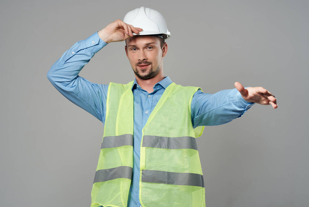 worker reflective vest emotions professional isolated background - Foto, Imagem