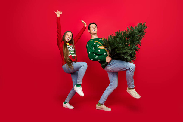 Photo of crazy careless couple hold x-mas tree party disco dance wear ugly sweater isolated red color background - Fotografie, Obrázek