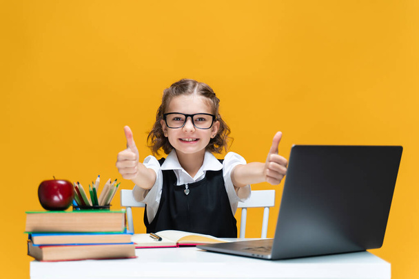 Happy caucasian schoolgirl at laptop gesturing thumbs up sitting at desk. Distance education concept - 写真・画像