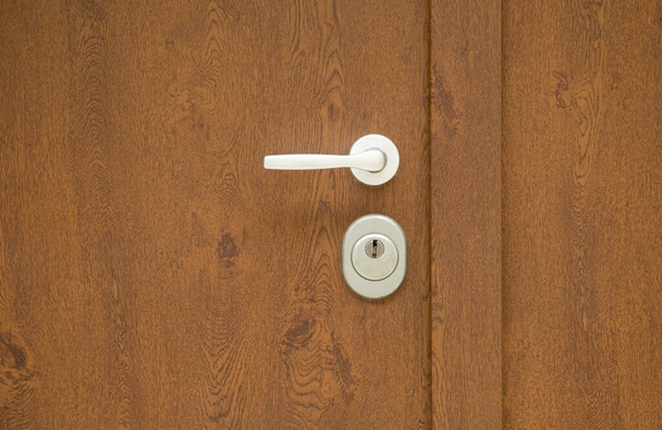 New metal handle and secret keyhole on exterior brown doo - Fotoğraf, Görsel