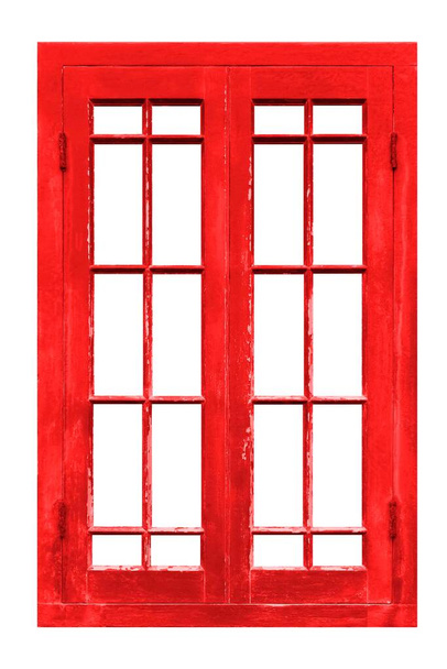 Vintage red painted wooden window frame isolated on a white background - Photo, Image