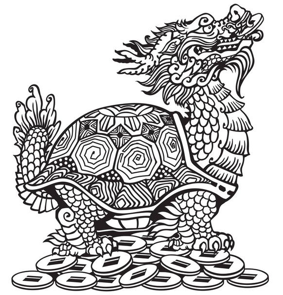 Drakenschildpad Schildpad zit op veel munten. Een mythologisch Chinees wezen. Hemels Feng Shui dier. Zijaanzicht. Zwart-wit geïsoleerde vectorillustratie - Vector, afbeelding