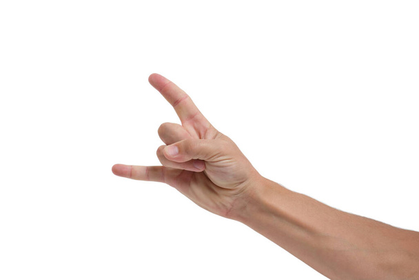Gesture of a man hand and fingers on white background, isolate.Signs and symbols - Photo, Image