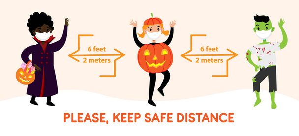 COVID 19 social distancing infographic banner with cute Halloween cartoon characters. Kids in costumes and protection face masks. Corona virus protection measures social info flyer - Vector, Image