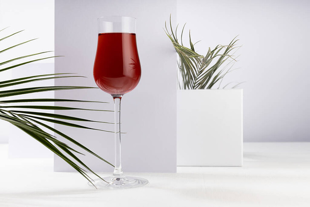 Red port wine in rich high glass with decor of green palm leaves in sunlight with shadow in modern minimal abstract white interior with geometric spaces. - Fotoğraf, Görsel