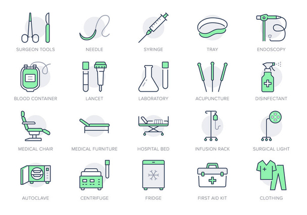 Medical equipment line icons. Vector illustration include icon - blood bag, scalpel, medical furniture, needle, endoscopy outline pictogram for healthcare store. Green color, Editable Stroke - Vector, Image