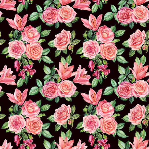 Patrones florales sin costura. rosas, guisantes dulces, lirios aislados fondo negro. Pintura acuarela - Foto, imagen