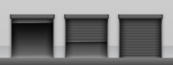 Ensemble de portails à volets roulants noirs sur le mur gris clair du bâtiment. Portes battantes ouvertes et fermées. Portes battantes industrielles métalliques. - Vecteur, image