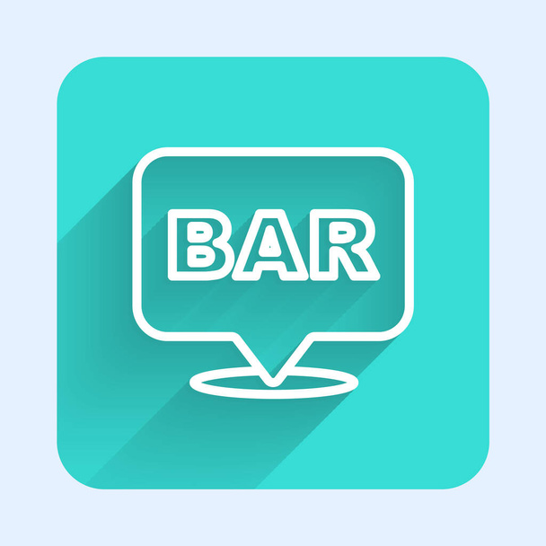 White line Alcohol or beer bar location icon isolated with long shadow. Symbol of drinking, pub, club, bar. Green square button. Vector - Vektor, obrázek