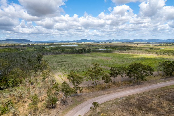 Camino de tierra curvado a través de un paisaje de arbusto de campo, aviones no tripulados de alta perspectiva - Foto, Imagen