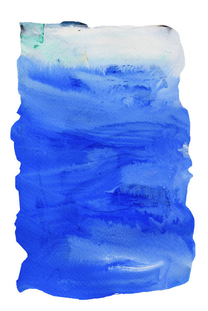 Beyaz lekeler mavi yüzeyde akar, soyut arkaplan ve beyaz arkaplanda izole edilmiş akrilik renk resminden örnekler - Fotoğraf, Görsel