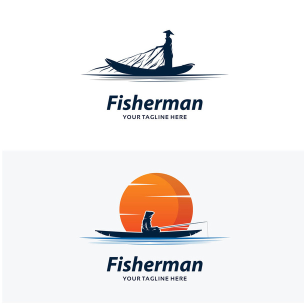 Набір шаблонів дизайну логотипу рибалки з білим тлом
 - Вектор, зображення