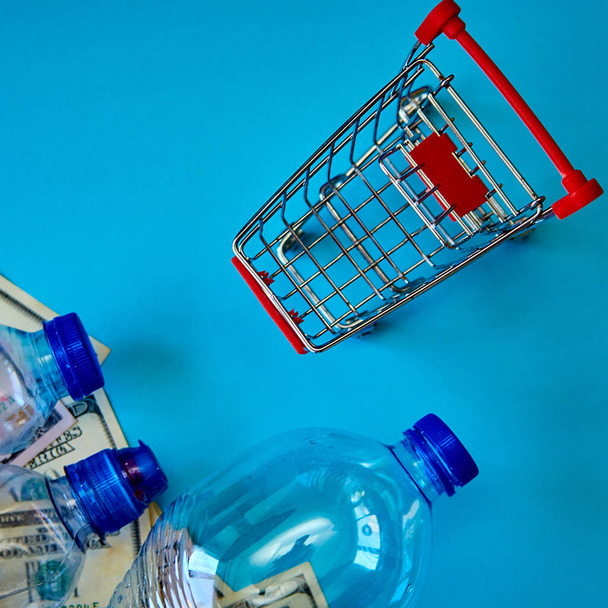 ecological concept - empty plastic bottles lie on dollar banknotes and empty Shopping Cart Trolley on a blue background - Photo, image