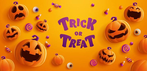 Trick or Treat. Group of 3D illustration Jack O Lantern pumpkin on treat or trick fun party celebration background design. - Vector, imagen