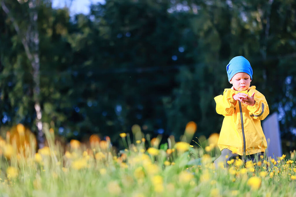 yellow raincoat boy look, autumn seasonal walk in the park - Foto, immagini